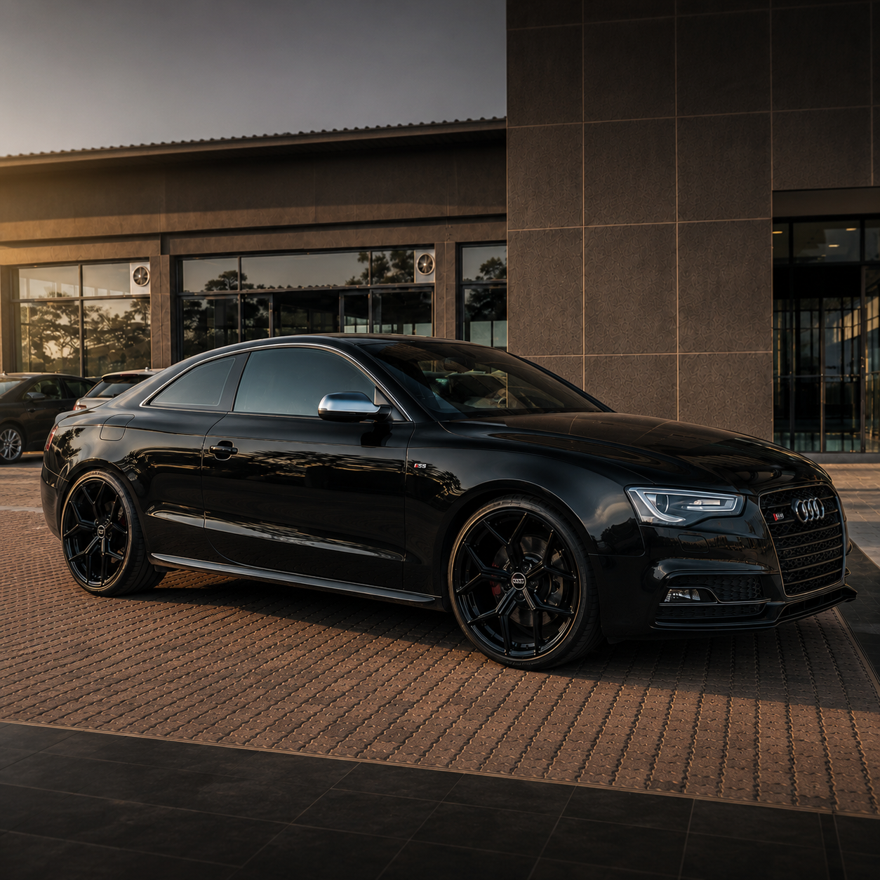 Black Audi S5 Coupe fitted with 20-inch gloss black RS6 style alloy wheels parked outside The Wheel Cartel showroom in Rivonia, Sandton.