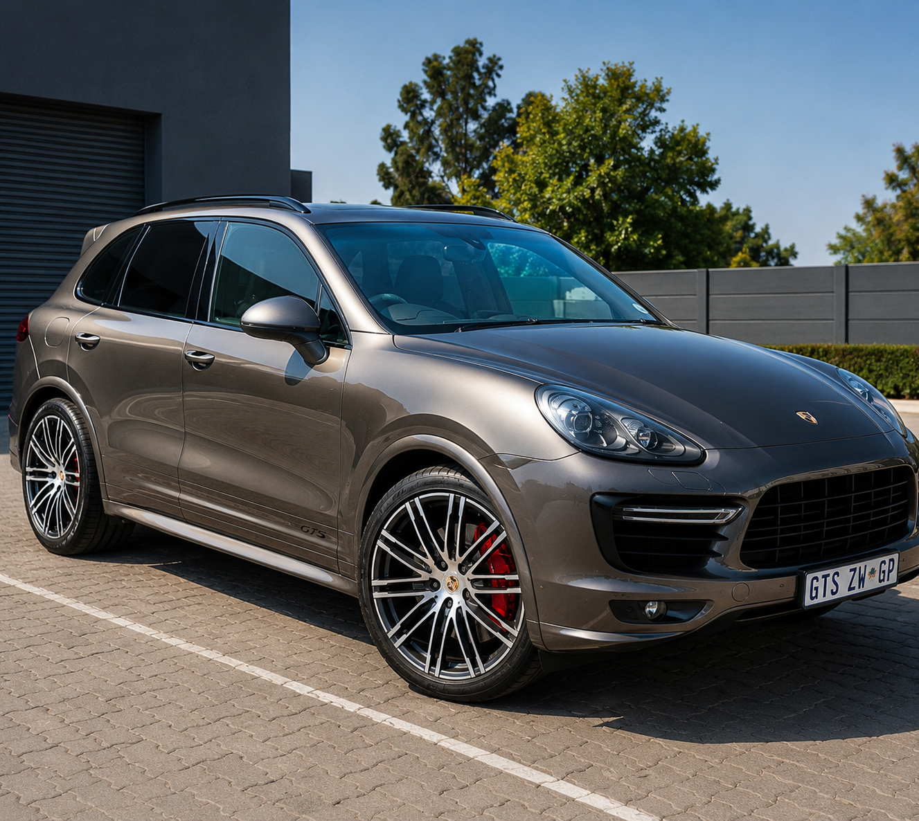 21-inch genuine Porsche Cayenne OEM alloy wheels fitted with like-new Continental tyres fitted on a Palladium Metallic Porsche Cayenne vehicle