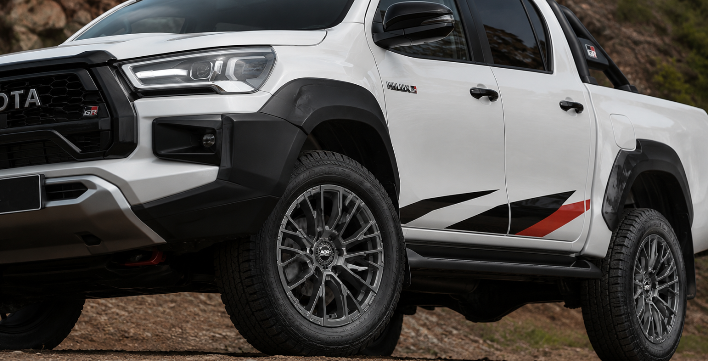 White Toyota Hilux GR Sport fitted with premium multi-spoke aftermarket 4x4 alloy wheels, parked on a rugged dirt road with rocky mountain terrain in the background.