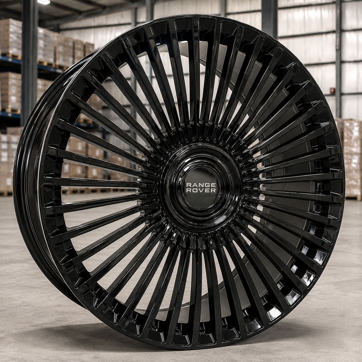 Studio shot of a 22-inch gloss black multi-spoke alloy wheel with Range Rover center cap.